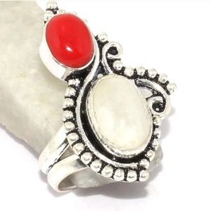 New Rainbow Moonstone & Coral Silver Ring.